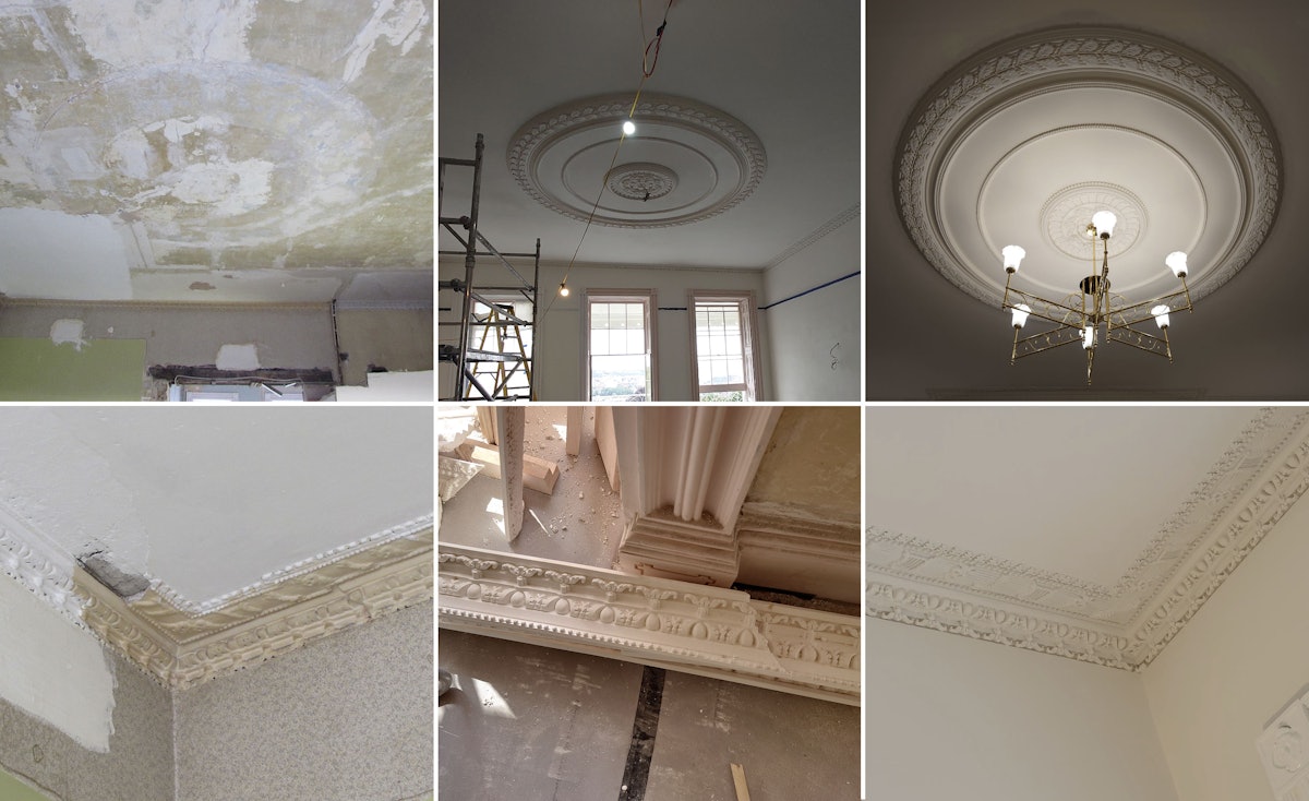 L’équipe d’architectes spécialisés a trouvé des vestiges des corniches en plâtre d’origine et des rosaces de plafond, aujourd’hui entièrement restaurées ou recréées.