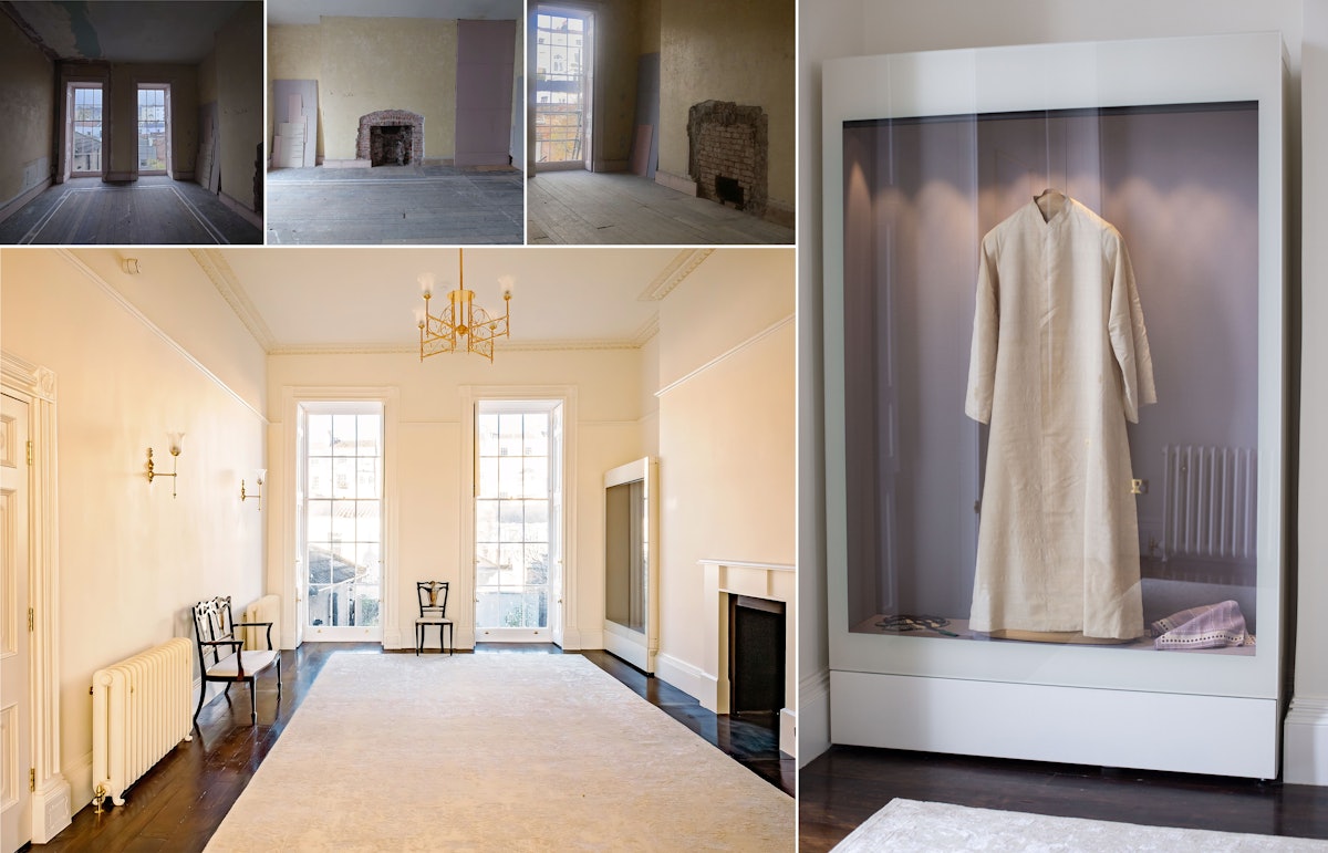 À gauche : Photos de la restauration de la pièce où a séjourné ‘Abdu’l-Bahá. À droite : Une robe qu’il a portée sera exposée en permanence dans une vitrine d’archives.