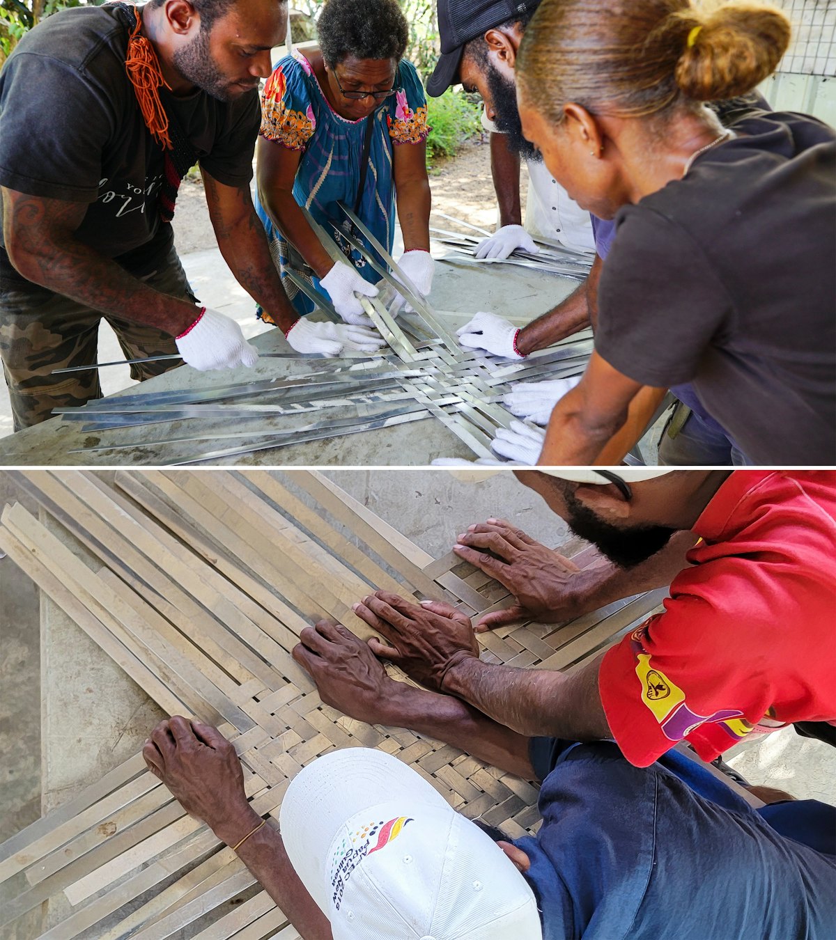 Des membres de la communauté tissent 60 kilomètres de bandes d’aluminium qui ornent désormais les murs intérieurs et le plafond du temple.