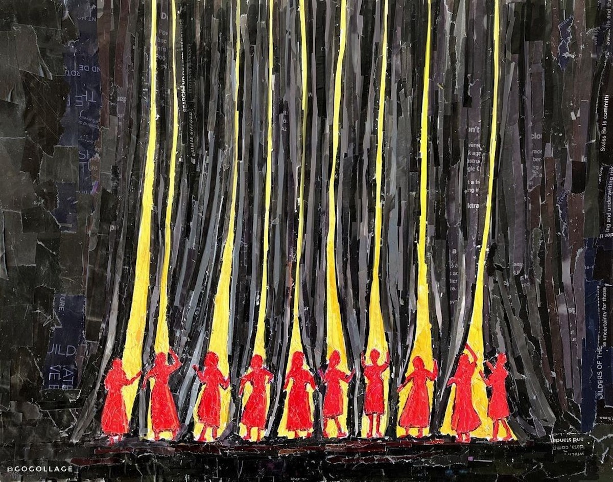 Collage de papier symbolisant le courage des femmes bahá’íes qui ont défendu leur croyance en la justice, l’égalité et la véracité.