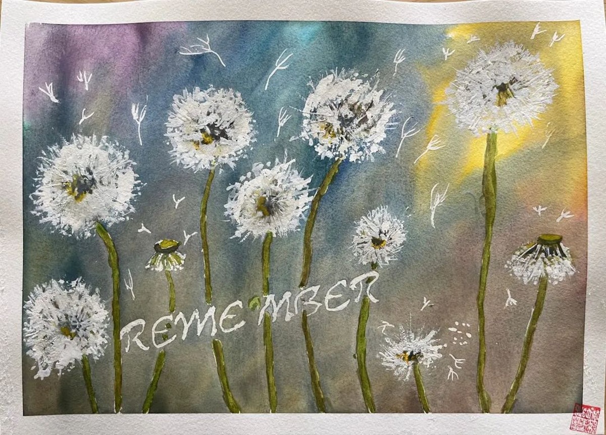 Aquarelle représentant dix pissenlits et rendant hommage aux sacrifices et au courage des dix femmes bahá’íes.