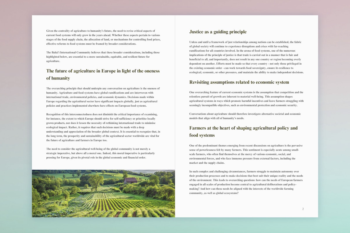 La déclaration récemment publiée par le bureau de Bruxelles de la Communauté internationale bahá’íe explore la manière dont les principes spirituels – tels que l’unité, la justice et l’harmonie entre la science et la religion – peuvent être appliqués à la mise en place de systèmes alimentaires durables.