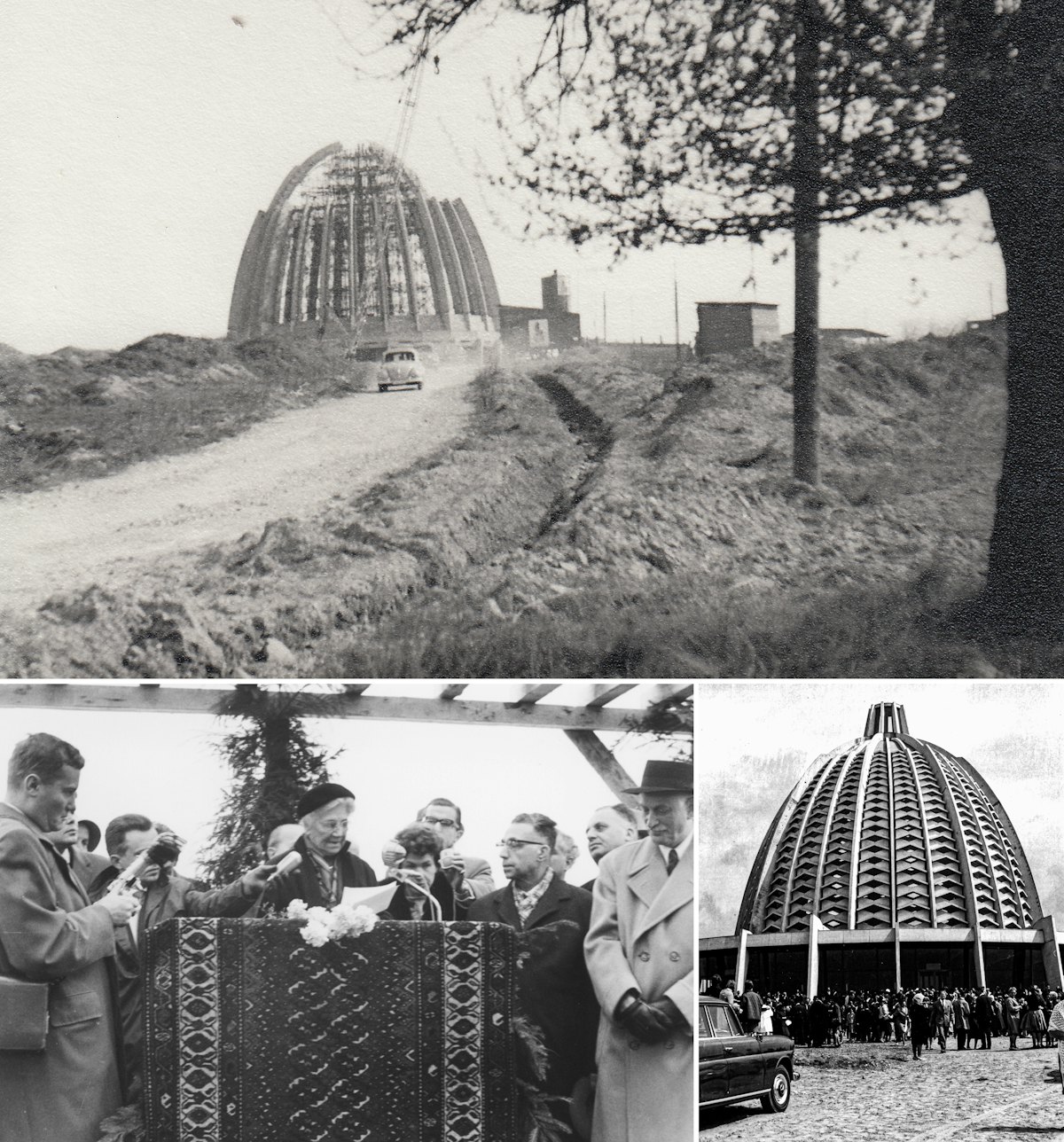 Photos montrant les différentes étapes de la construction de la maison d’adoration. En haut : un aperçu du début de l’année 1962, montrant la phase de construction. En bas à gauche, du centre à la droite : la Main de la cause Amelia Collins, Anneliese Bopp, la Main de la cause Ali-Akbar Furutan, et la Main de la cause Ugo Giachery lors de la pose de la première pierre du temple le 20 novembre 1960. En bas à droite : cérémonie d’inauguration marquant l’achèvement de la structure principale du temple.