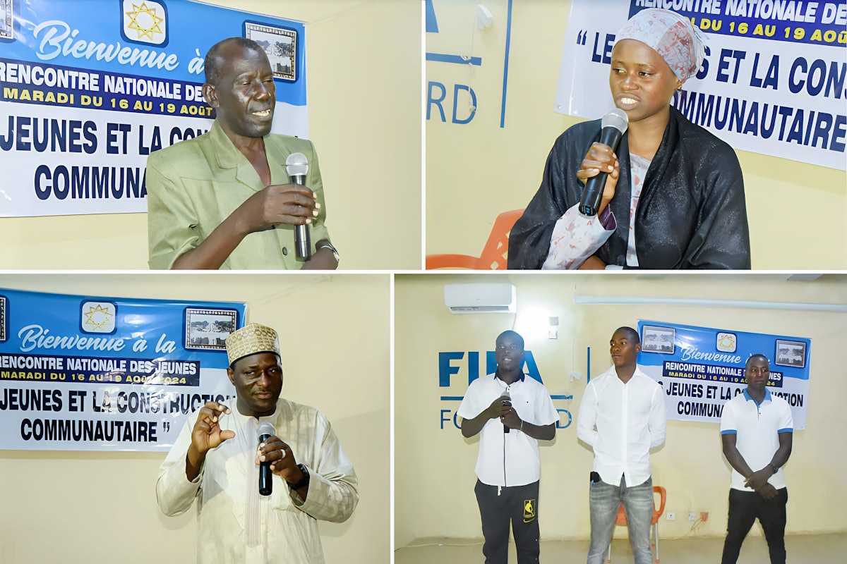Vue des intervenants à la conférence : Hamissou Chaway (en haut à gauche), membre de l’Assemblée spirituelle nationale bahá’íe du Niger, Manira Abdoulaye (en haut à droite), animatrice des programmes bahá’ís d’éducation morale et spirituelle pour les jeunes, Mati Issoufou (en bas à gauche), membre du Corps de conseillers en Afrique, Badi, Ismael, Koandjoi (en bas à droite) jeunes participants à la conférence.